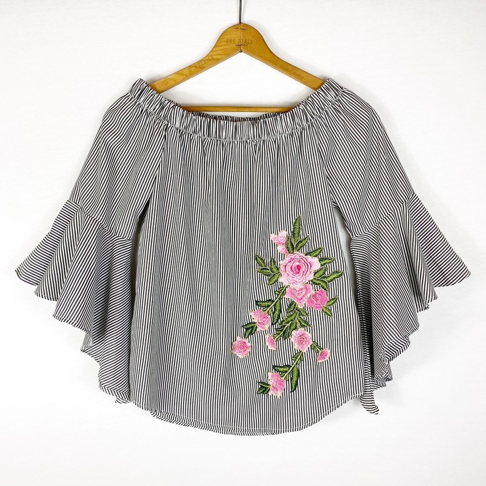 B&W Striped Off-Shoulder Bell Sleeve Rose Blouse